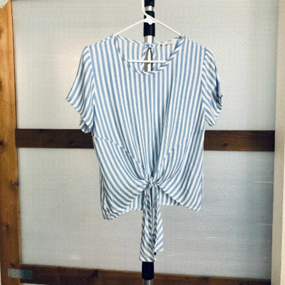 La Banga/ Blue & white stripe front‎ tie short sleeve shirt/ Sz S